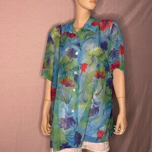 Lisa II Blue Floral Short Sleeve Button Up Blouse Size 2XL